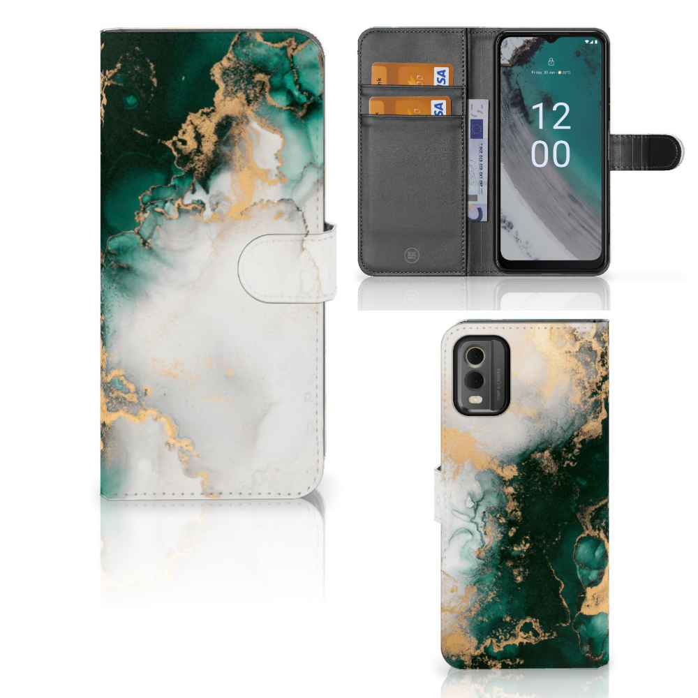 Nokia C32 Bookcase Marmer Groen voorkant binnenkant zijaanzicht