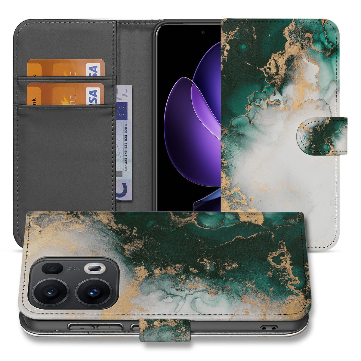 OPPO Reno 13 Pro Bookcase Marmer Groen voorkant
