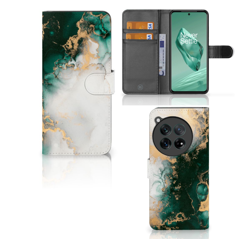 Bookcase voor OnePlus 12 Marmer Groen met stijlvol ontwerp en bescherming. Ideaal cadeau! 🌿