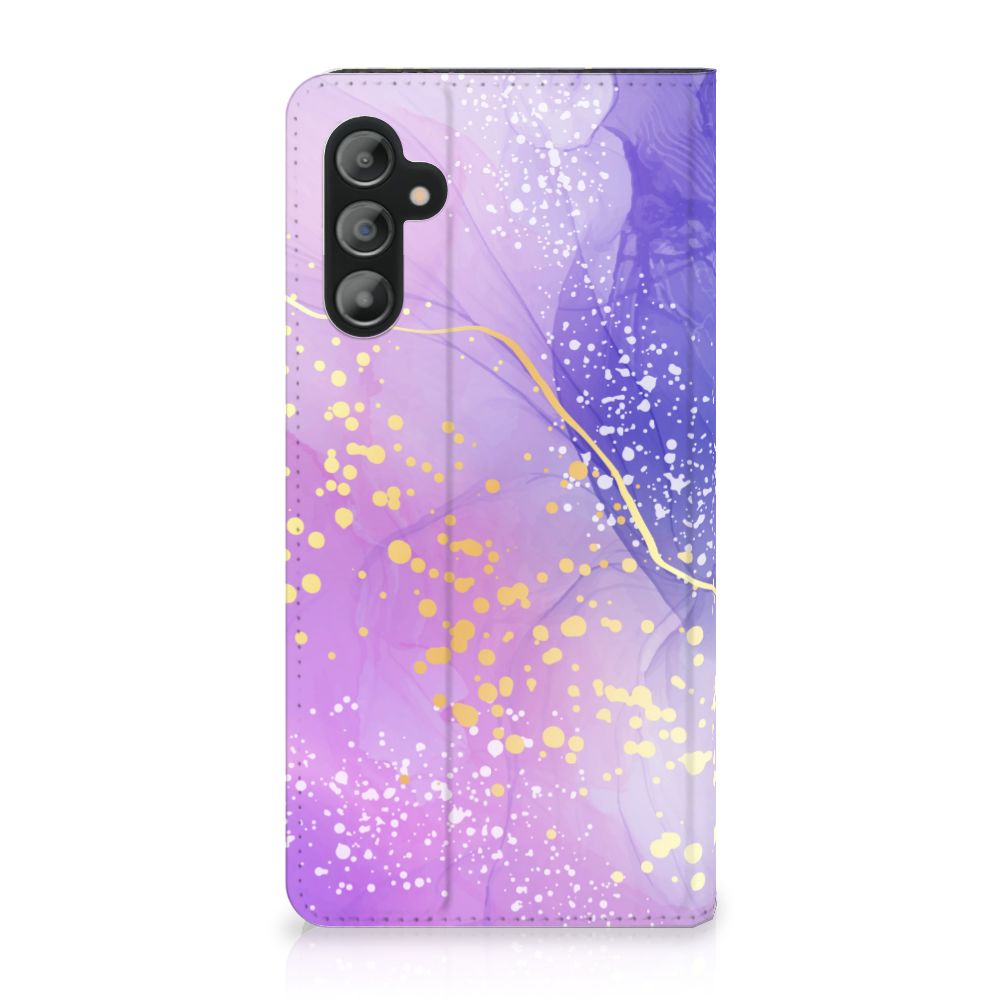 Bookcase voor Samsung Galaxy A14 5G Watercolor Paars met een prachtig paars en gouden ontwerp.