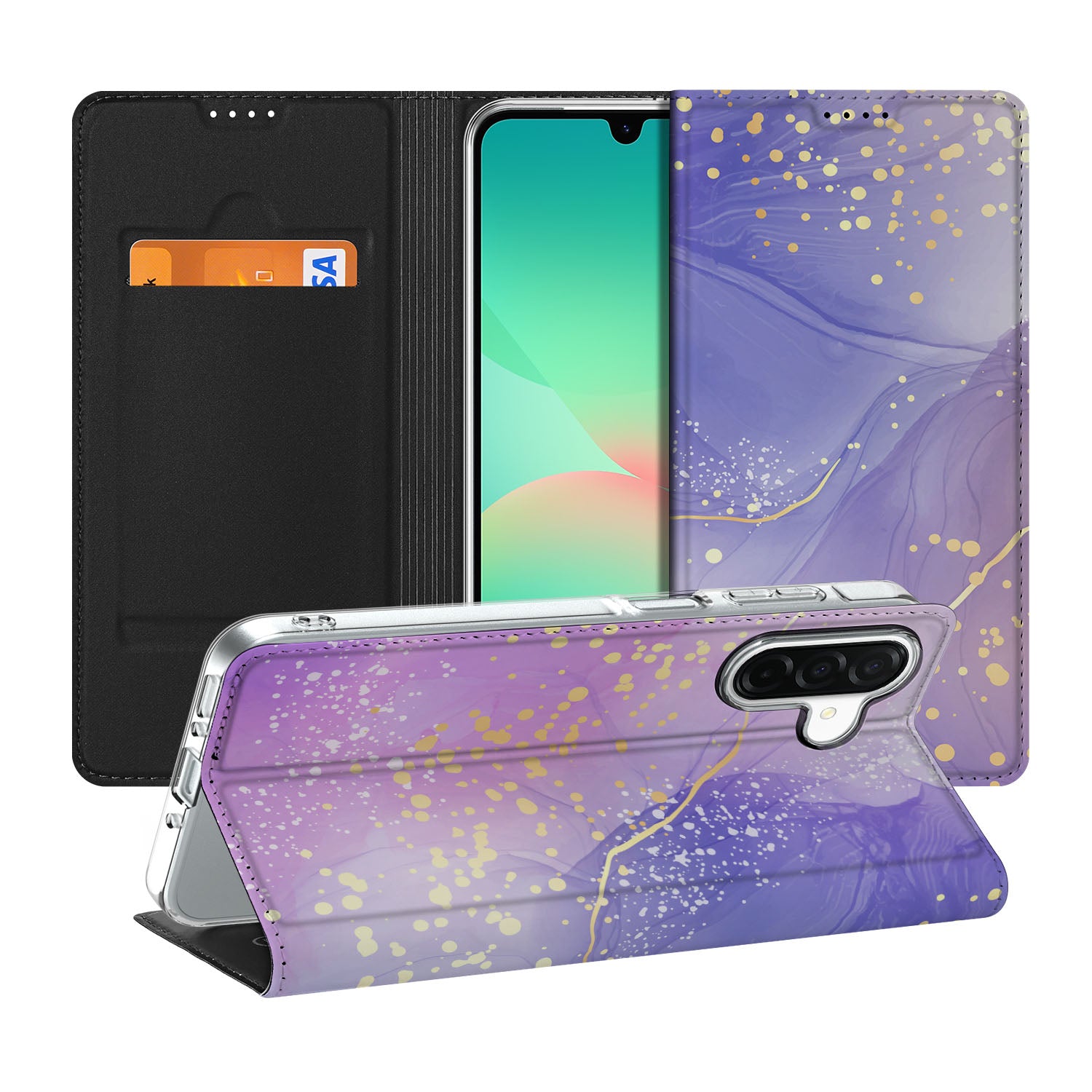 Samsung Galaxy A26 Bookcase Watercolor Paars aanzicht binnenkant zijkant
