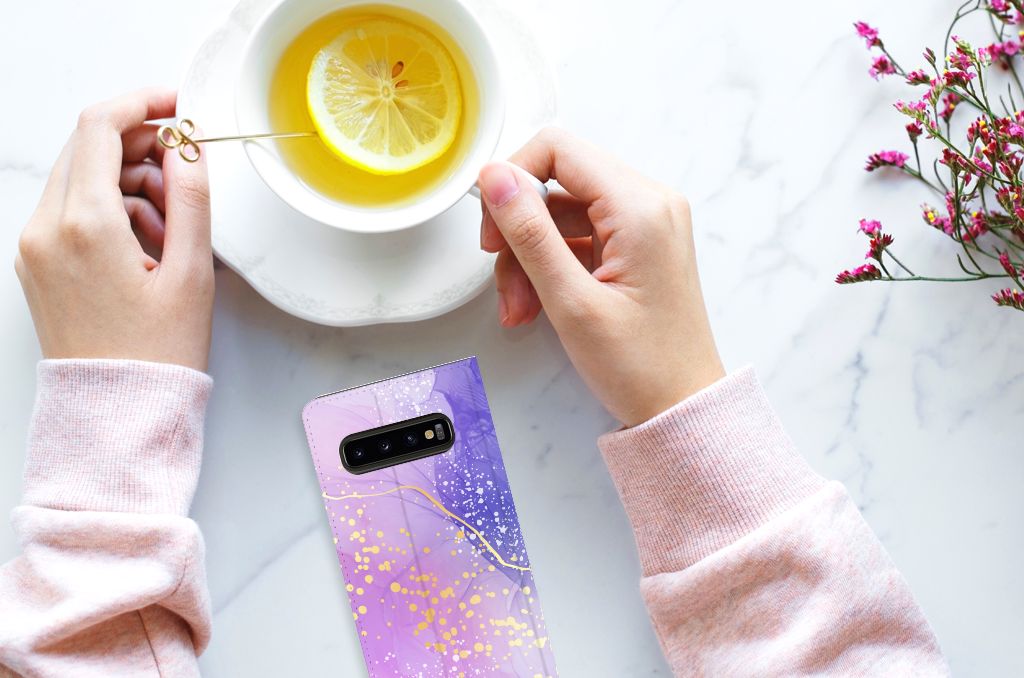 Samsung Galaxy S10 Bookcase voor Samsung Galaxy S10 Watercolor Paars boven overzicht