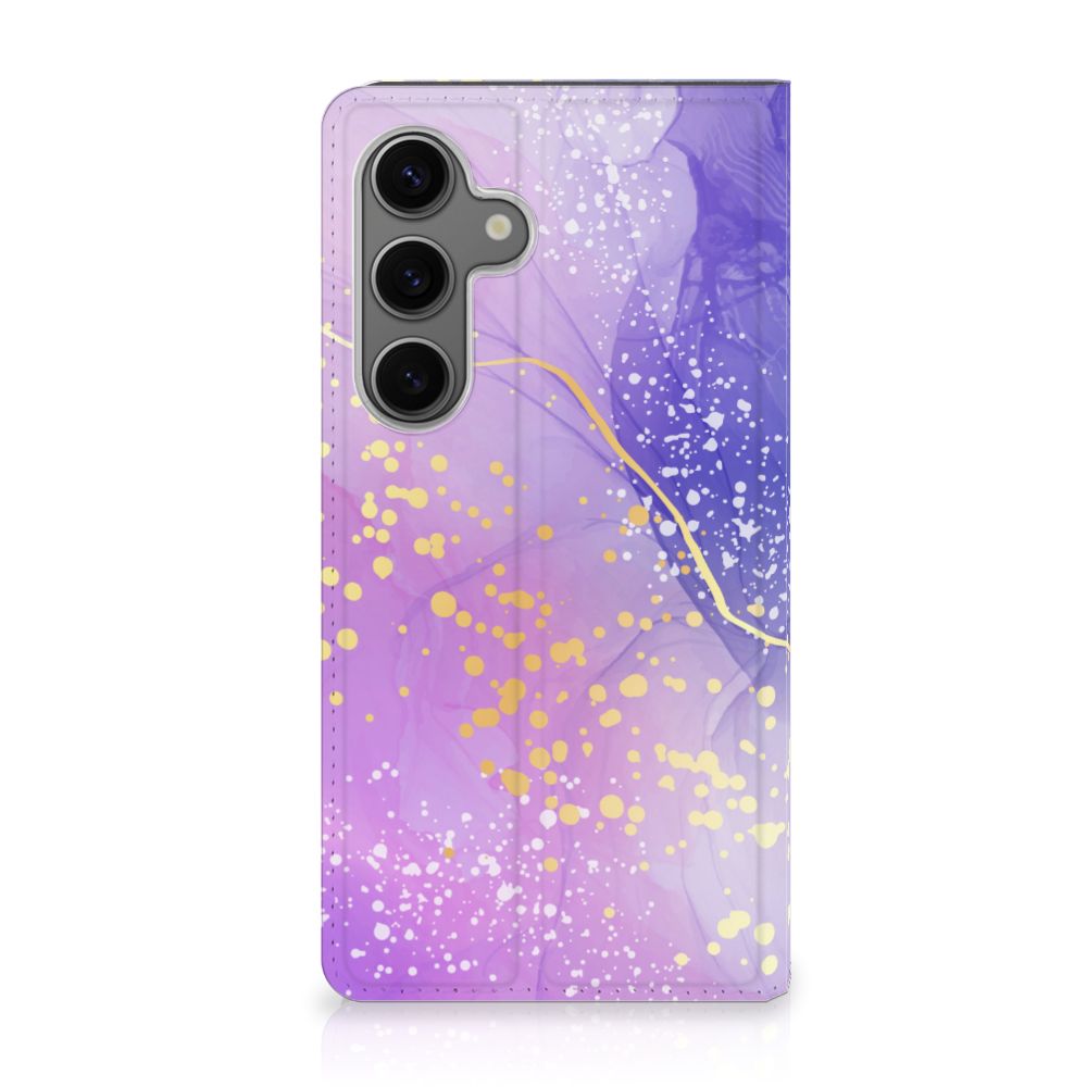 Bookcase voor Samsung Galaxy S24 Watercolor Paars met kleurrijk patroon en gouden accenten. 🎨 Elegant ontwerp voor bescherming en gebruiksgemak.