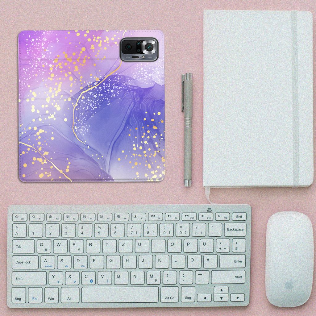 Xiaomi Redmi Note 10 Pro Bookcase Watercolor Paars bovenaanzicht