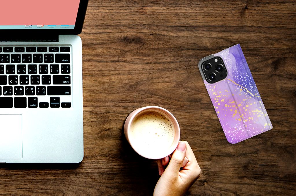 iPhone 13 Pro Bookcase voor iPhone 13 Pro Watercolor Paars design bovenaanzicht