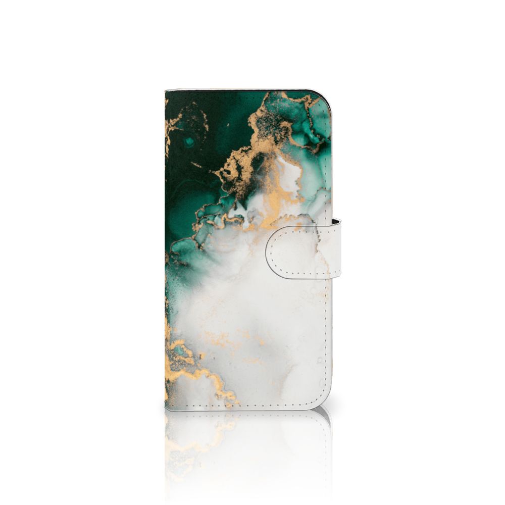 Bookcase voor iPhone 15 Marmer Groen met een trendy groen en wit marmerdesign, perfect voor jouw stijl.