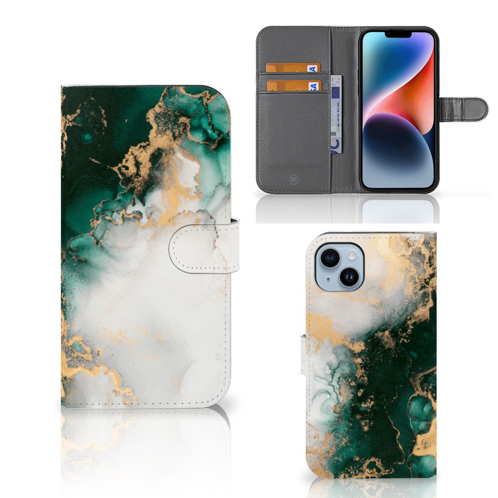 Bookcase voor iPhone 15 Plus Marmer Groen met elegant marmerdesign en ruimte voor drie pasjes.