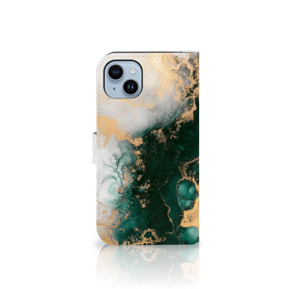 Bookcase voor iPhone 15 Plus Marmer Groen met gouden accenten en abstracte groene marmerprint.