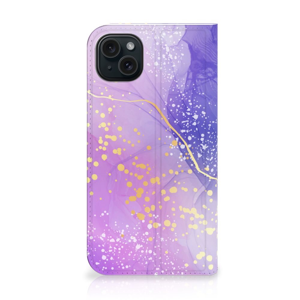 Bookcase voor iPhone 15 Plus Watercolor Paars met een prachtig paars en gouden design.