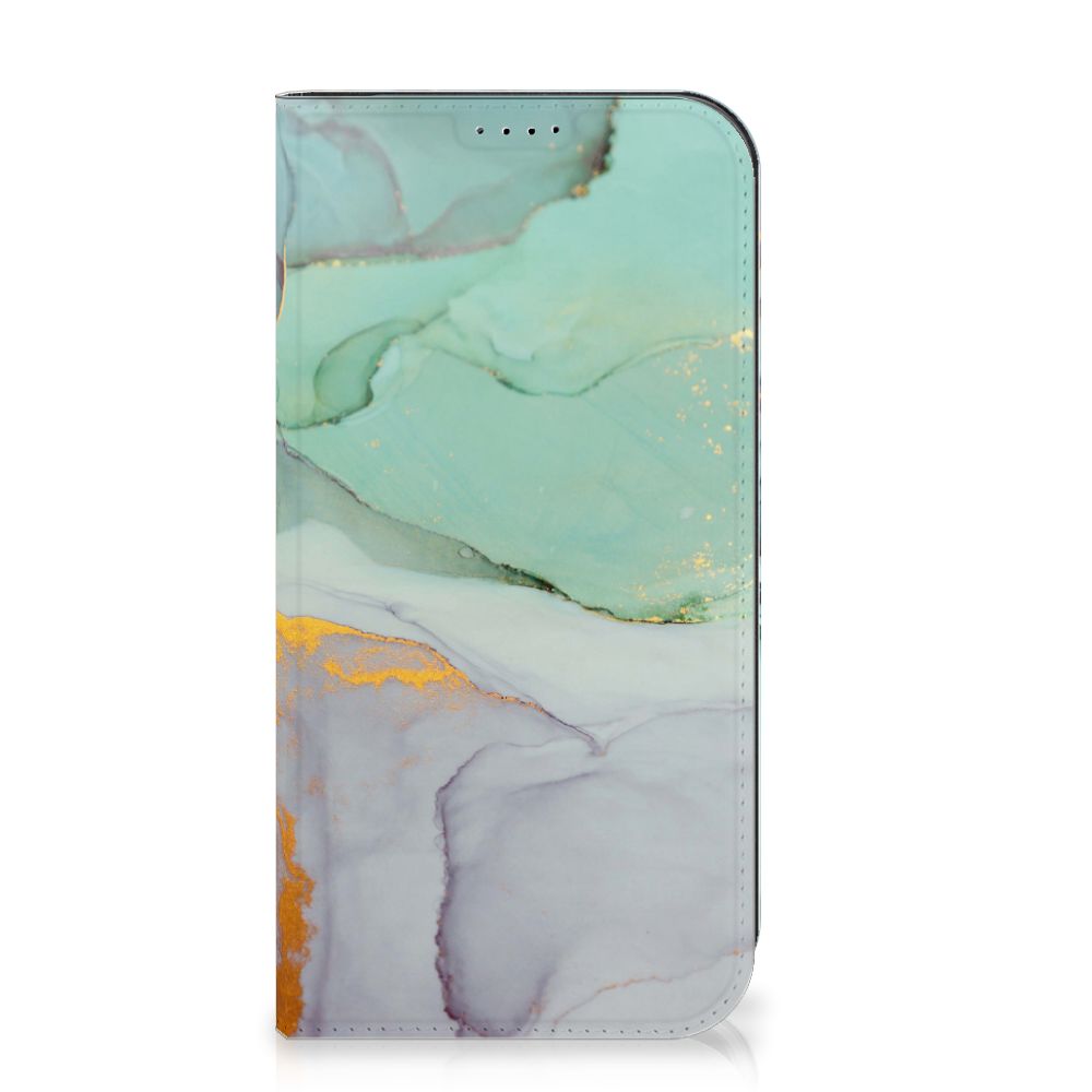Bookcase voor iPhone 15 Pro Max Watercolor Mix met een prachtig blauw en gouden design.