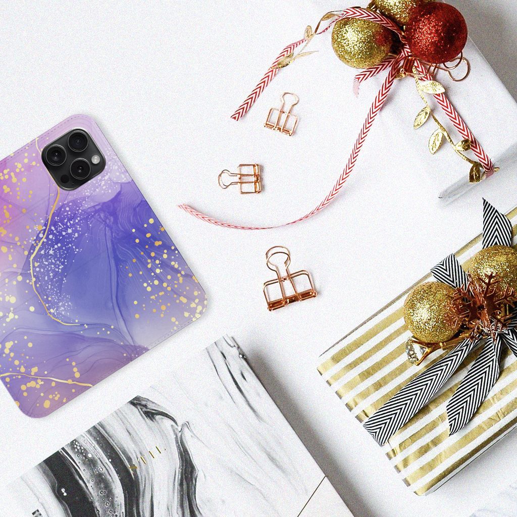 Apple iPhone 15 Pro Bookcase voor iPhone 15 Pro Watercolor Paars aanzicht
