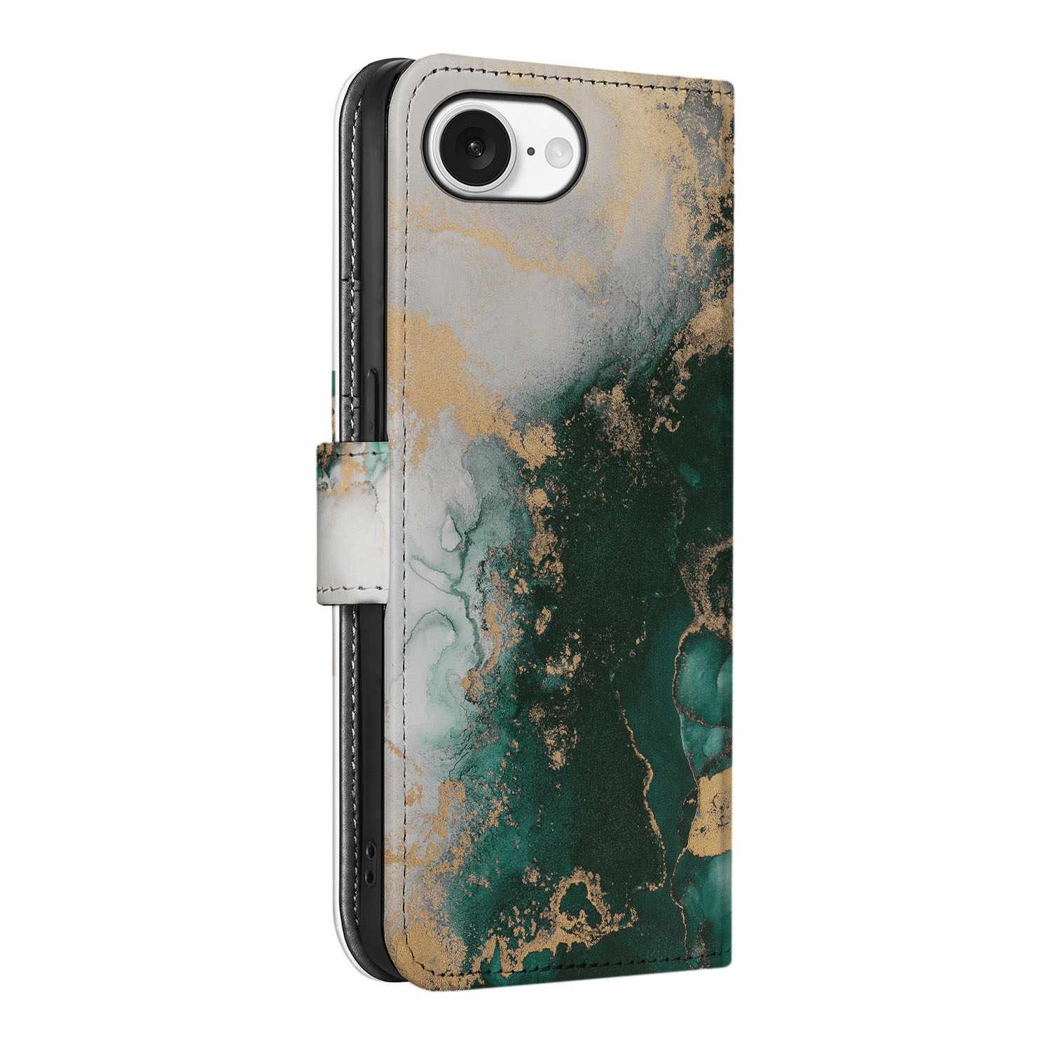 Bookcase voor iPhone 16e Marmer Groen bookcase marmer groen zijaanzicht