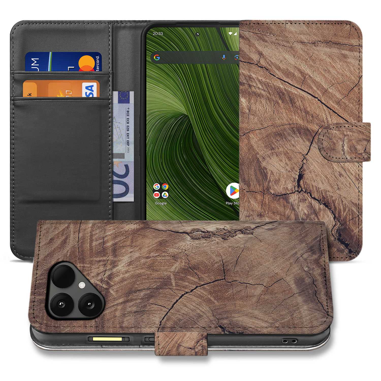 Boomstam Bruin Fairphone 6 Portemonnee Hoesje designnaam aanzicht