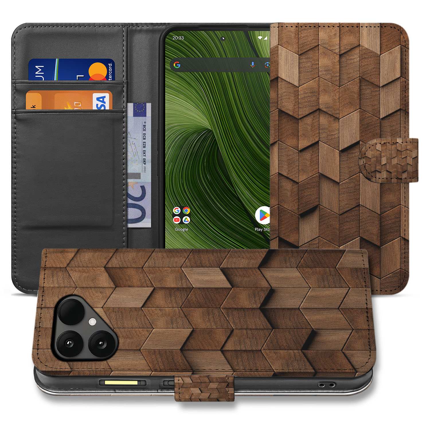 Bruin Houtprint Kubusprint Fairphone 6 Book Case binnenkant design naam aanzicht