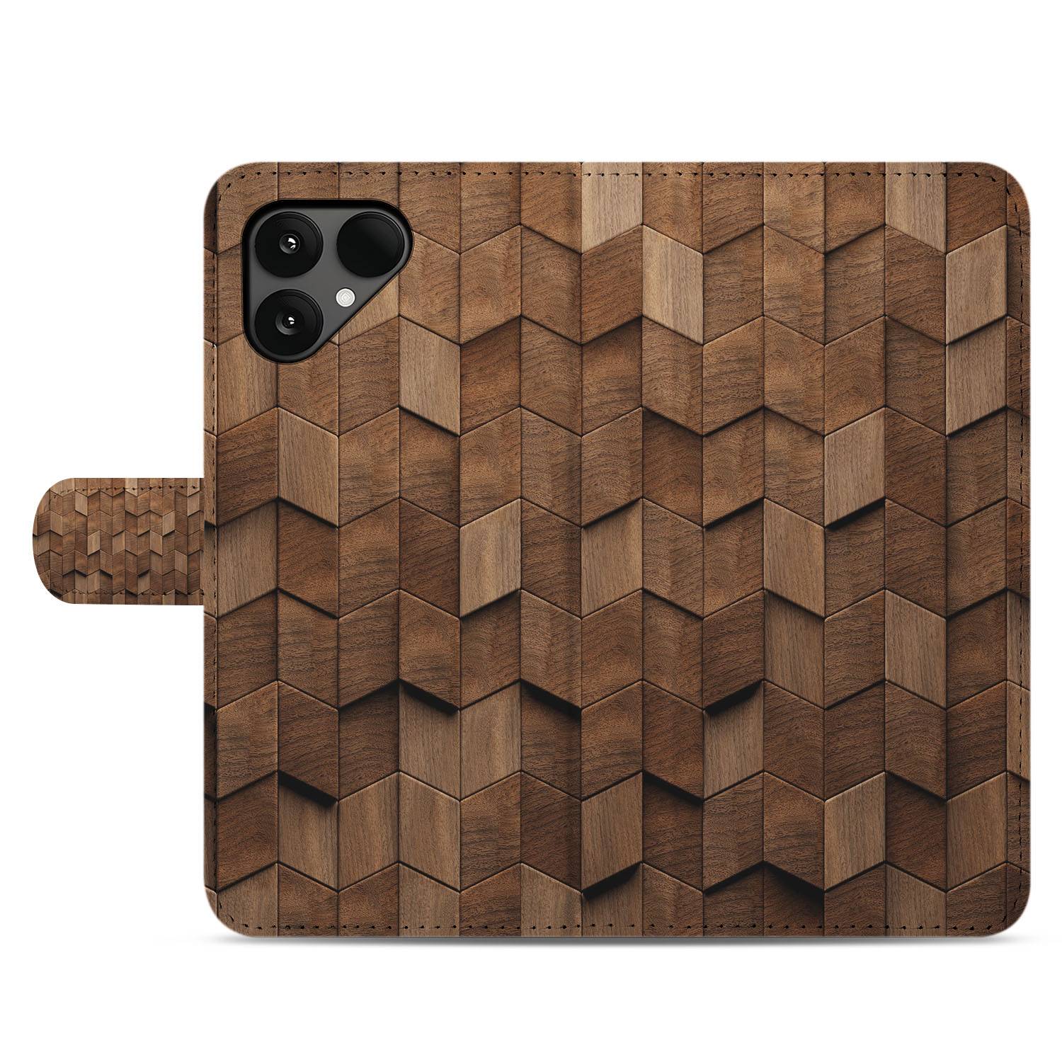 Bruin Houtprint Kubusprint Fairphone 6 Book Case design kubusprint aanzicht