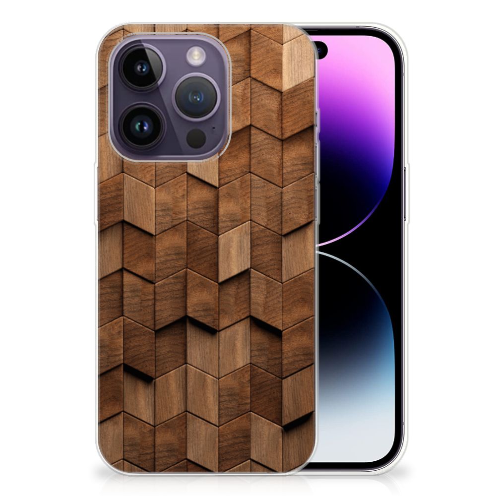 Bumper Hoesje voor Apple iPhone 14 Pro Wooden Cubes met een unieke houtprint design.