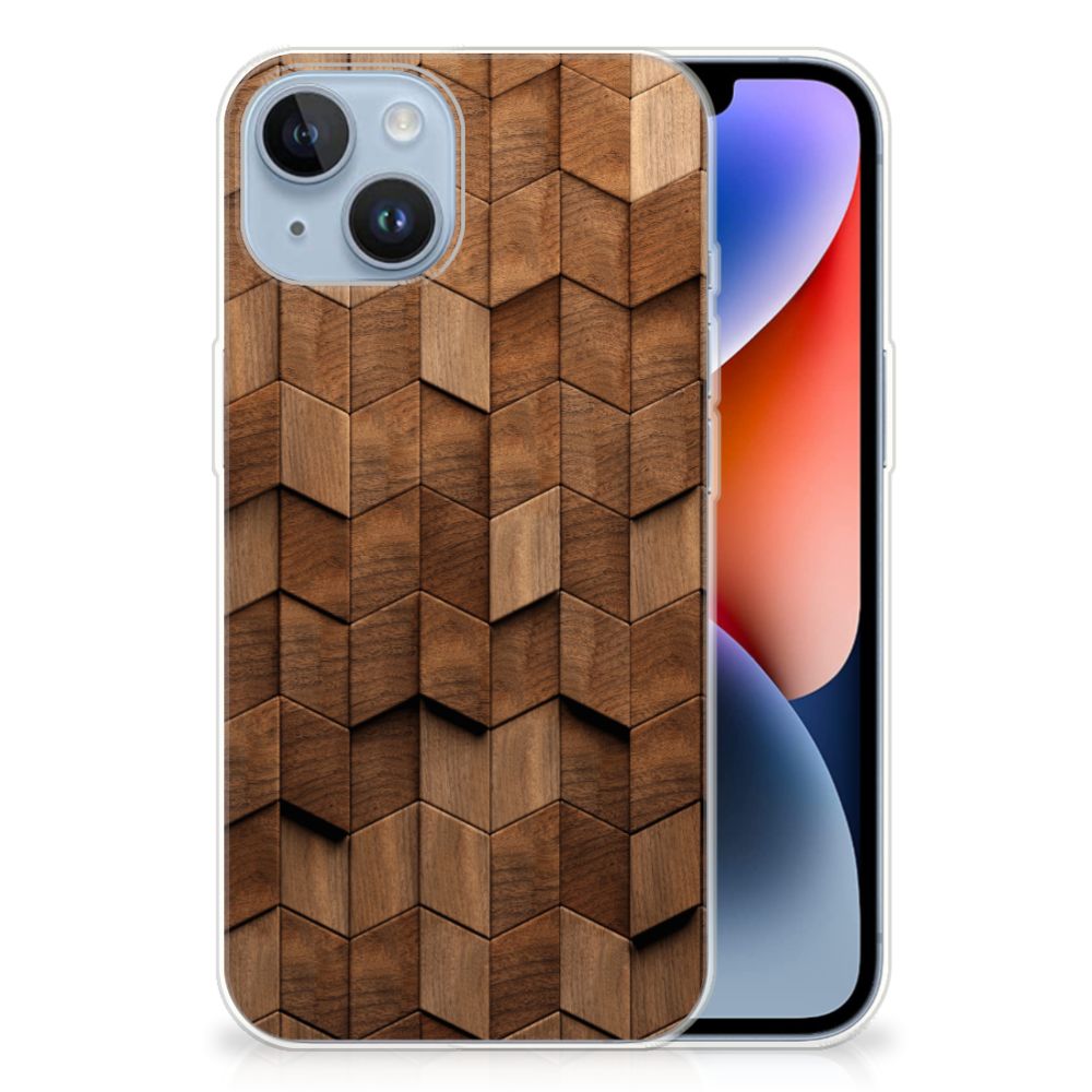 Bumper Hoesje voor Apple iPhone 14 Wooden Cubes met een uniek houten kubussen design.