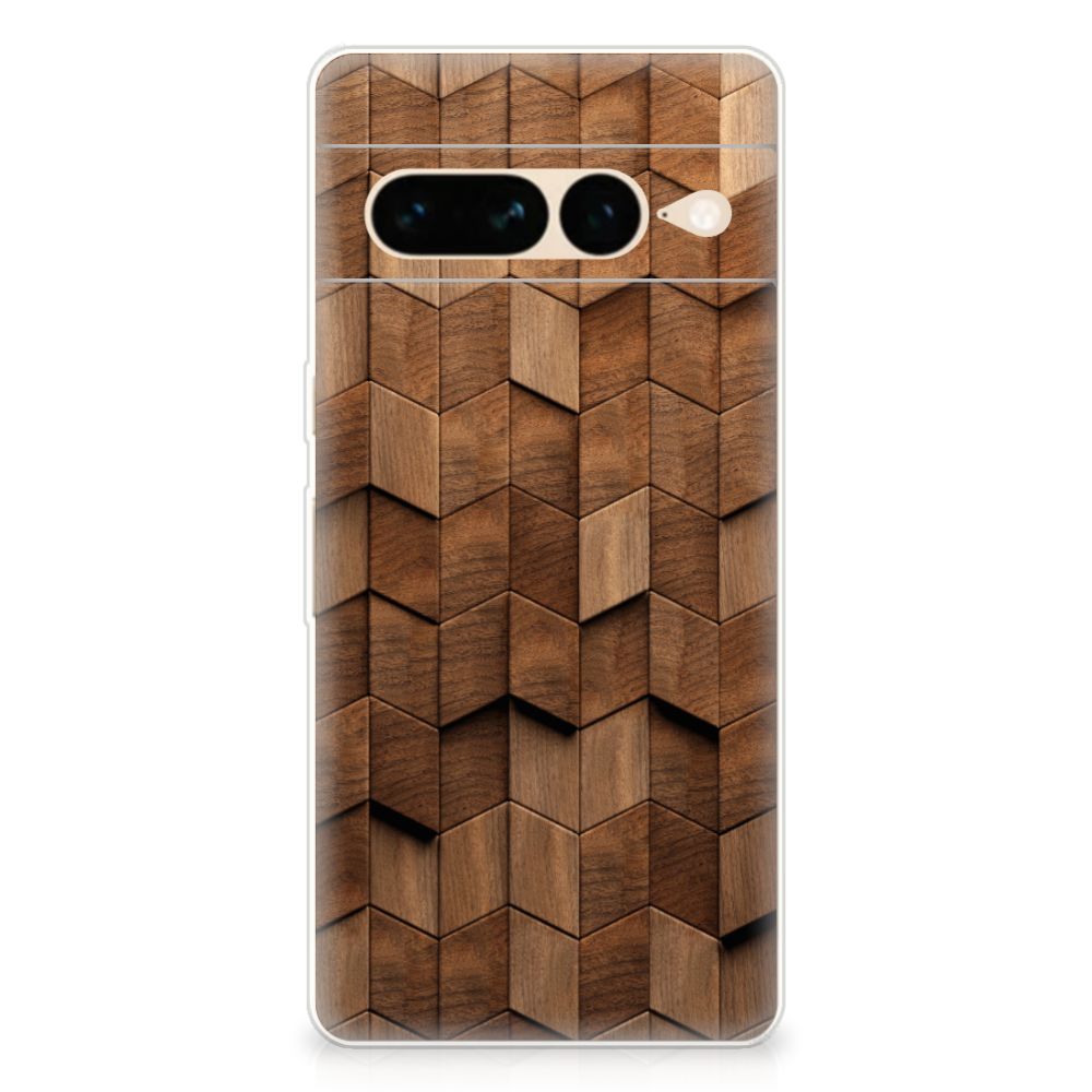 Bumper Hoesje voor Google Pixel 7 Pro Wooden Cubes met een stijlvol houtprint design voor optimale bescherming en uitstraling.