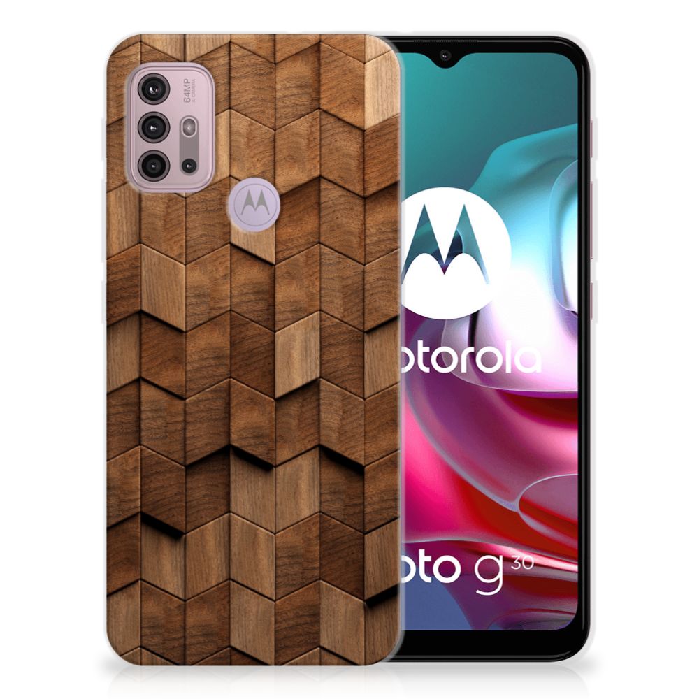 Bumper Hoesje voor Motorola Moto G30 | G10 Wooden Cubes met uniek houten ontwerp, perfect als cadeau! 🎁