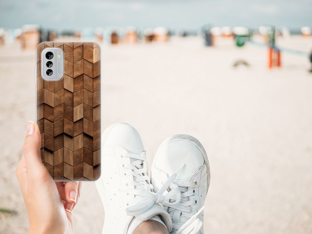 Nokia G60 Bumper Hoesje voor Nokia G60 Wooden Cubes design aanzicht