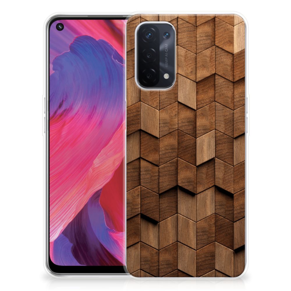 Bumper Hoesje voor OPPO A74 5G | A54 5G Wooden Cubes met een uniek houten design, perfect als cadeau 🎁 voor bescherming en stijl.