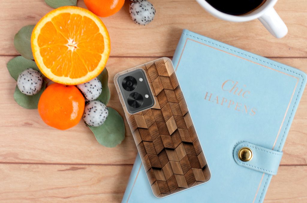 OnePlus Nord 2T Bumper Hoesje voor OnePlus Nord 2T Wooden Cubes bovenkant