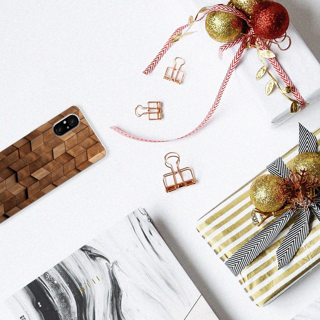 Sony Xperia 5 V Bumper Hoesje voor Sony Xperia 5 V Wooden Cubes achterzijde met decoraties