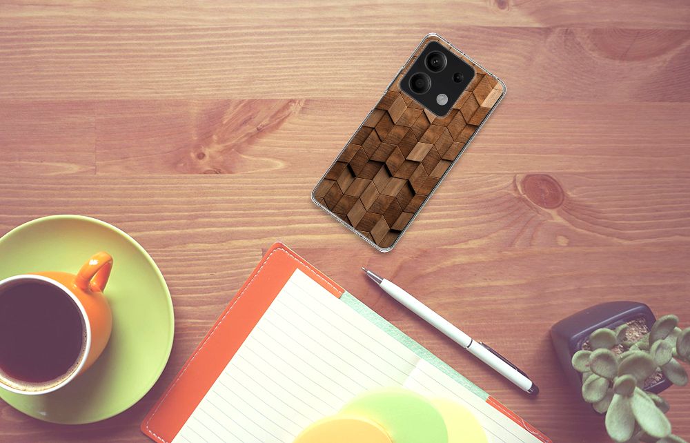 Bumper Hoesje voor Xiaomi Redmi Note 13 5G Wooden Cubes bovenaanzicht