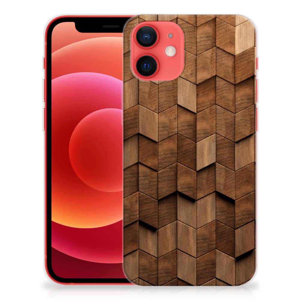 Bumper Hoesje voor iPhone 12 Mini Wooden Cubes met trendy houten blokken design.