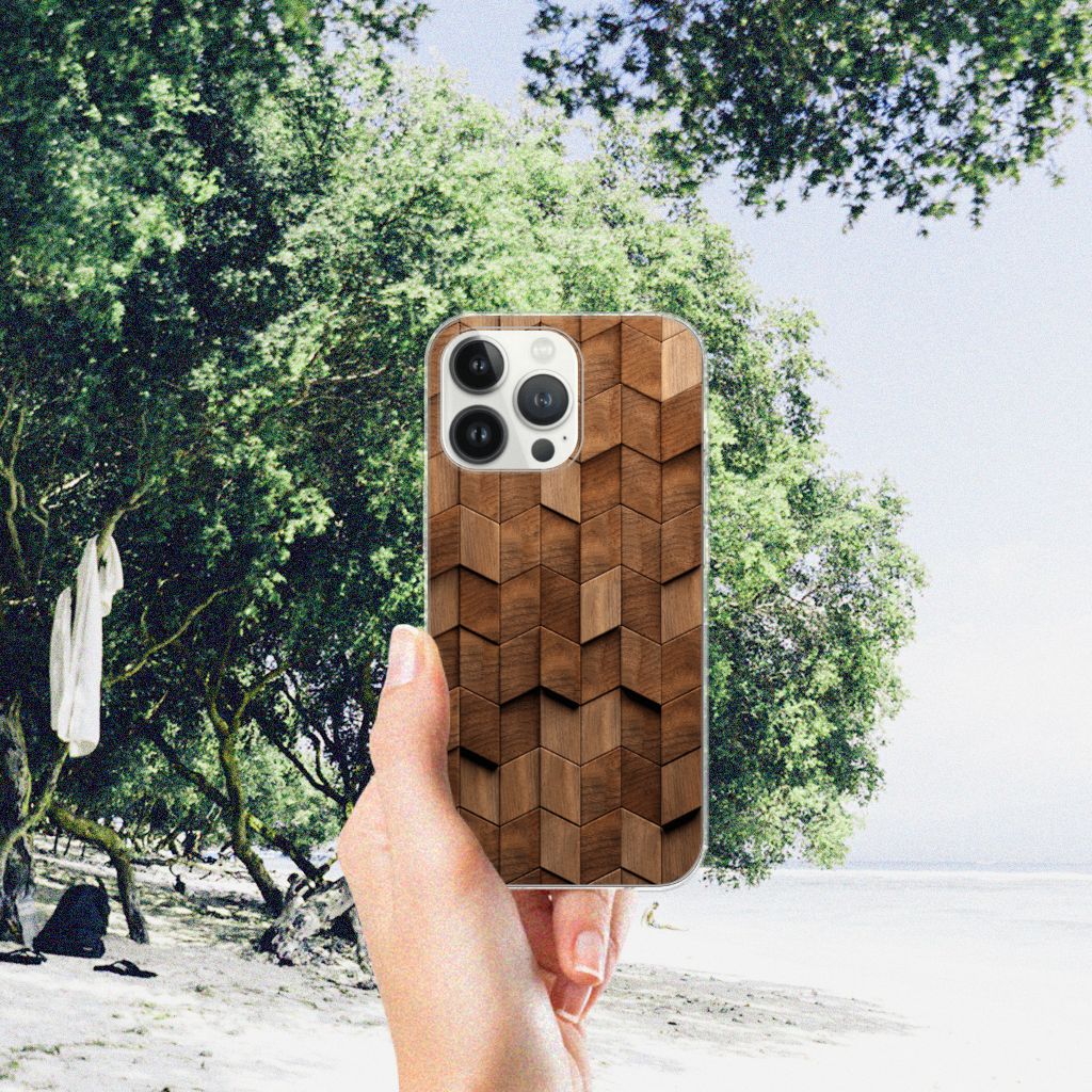 Bumper Hoesje voor iPhone 13 Pro Max Wooden Cubes met uniek houtprint design in een natuurlijke omgeving