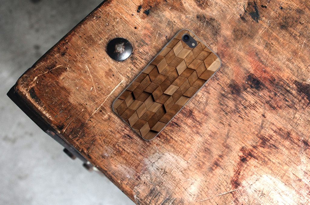 Bumper Hoesje voor iPhone SE 2022 SE 2020 8 7 Wooden Cubes design houten kubussen aanzicht