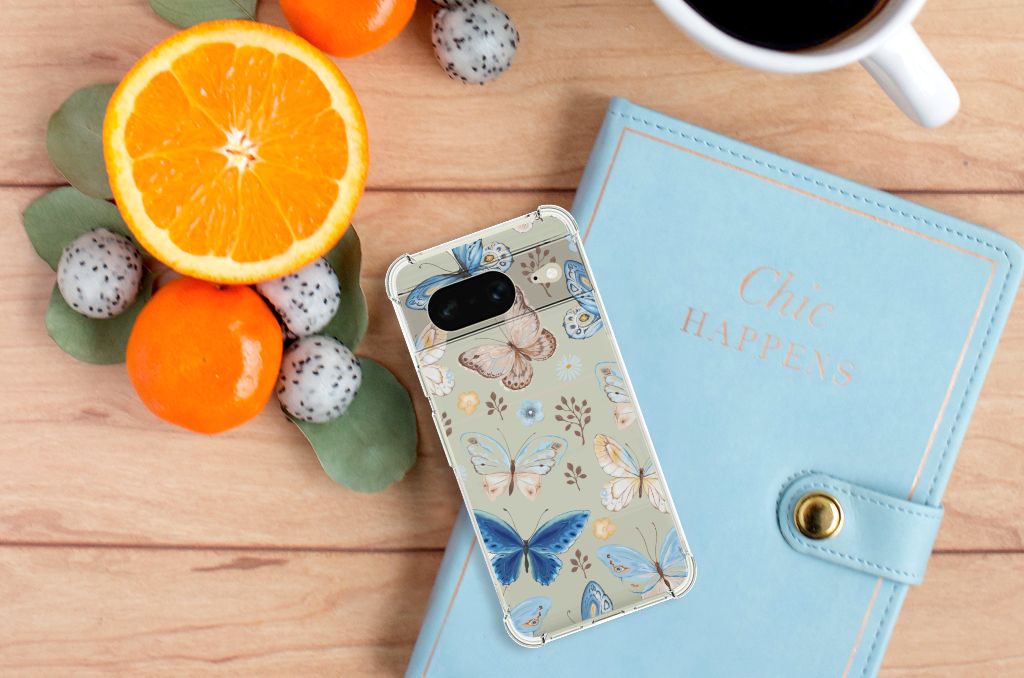 Google Pixel 8 Case Anti-shock Vlinder zicht op tafel citrusvruchten notitieboek