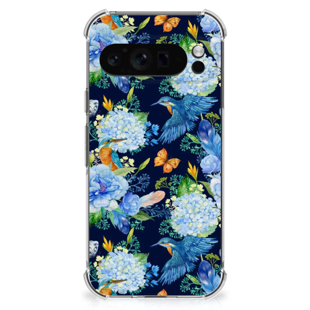 Google Pixel 9 Pro XL Case Anti-shock IJsvogel bloemen design achterkant