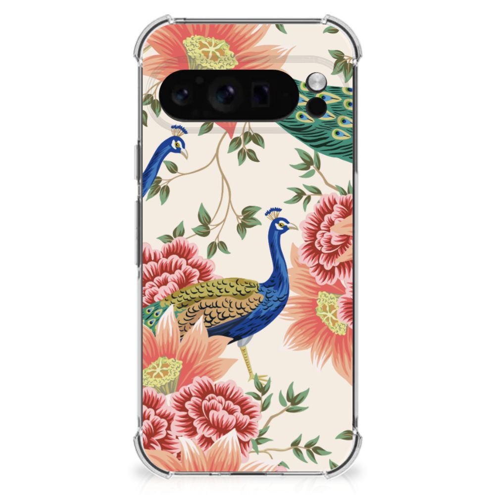 Case Anti-shock voor Google Pixel 9 Pro XL Pink Peacock design pauw bloemen achterkant