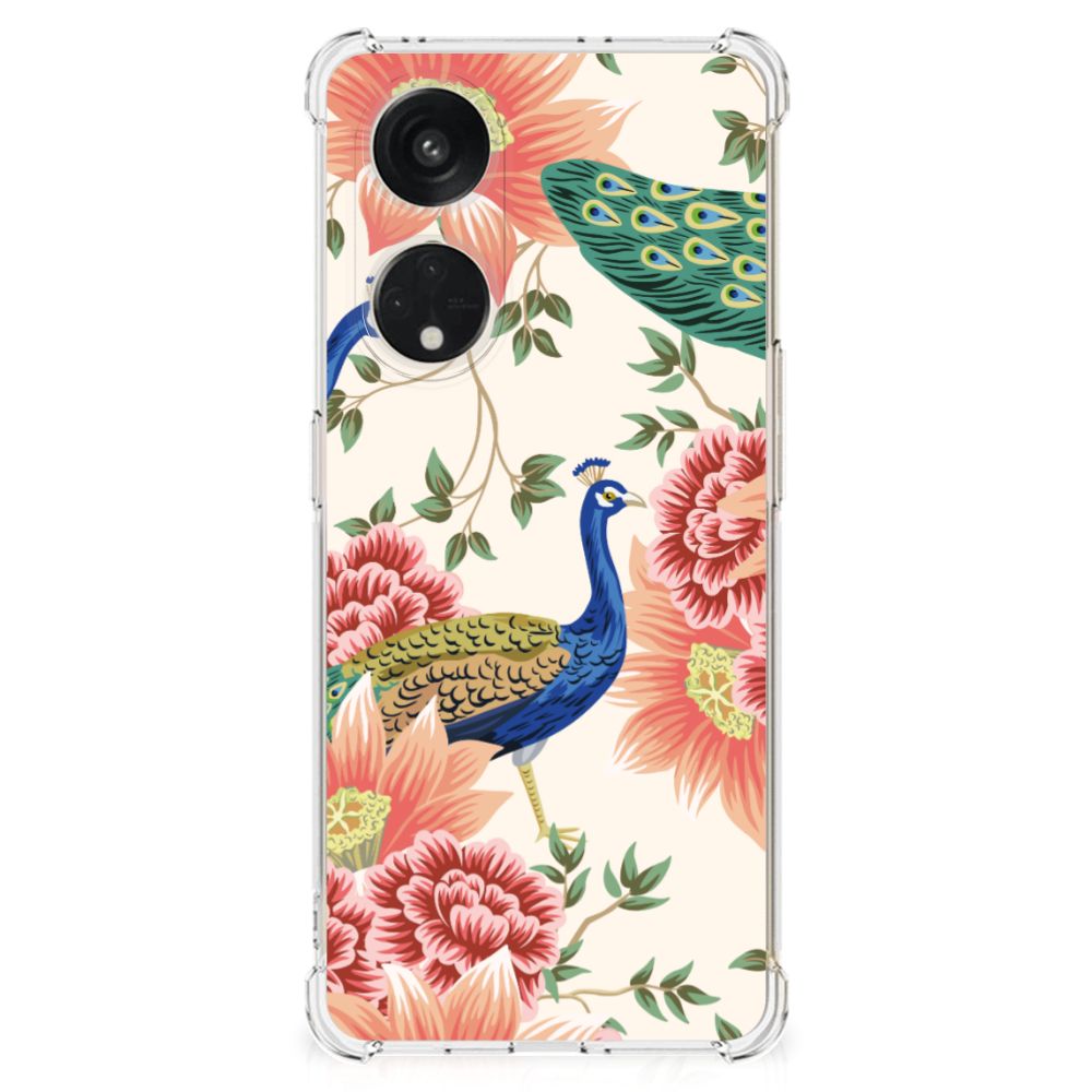 OPPO A98 Case Anti-shock Pink Peacock achterzijde met pauwen en bloemen design