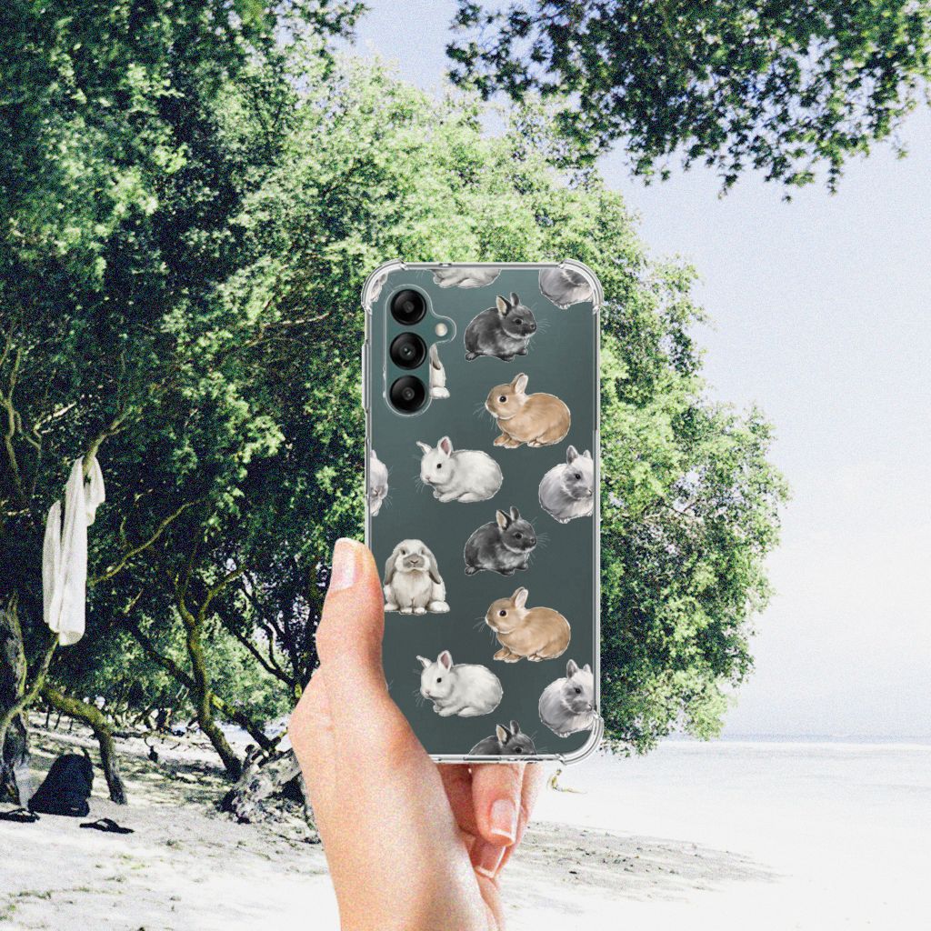 Case Anti-shock voor Samsung Galaxy A14 5G/4G Konijntjes met schattige konijntjes in een natuurlijke omgeving.