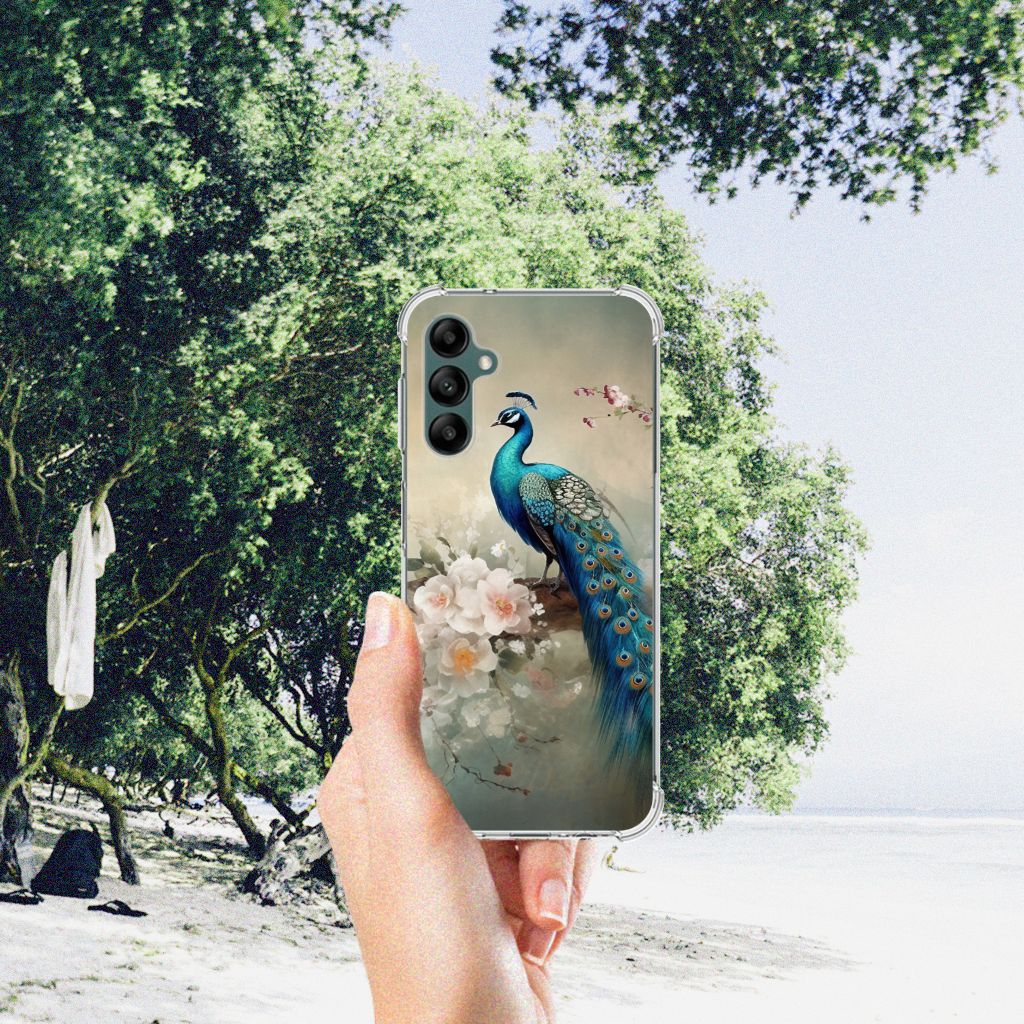 Case Anti-shock voor Samsung Galaxy A14 5G/4G Vintage Pauwen met kleurrijke pauwen en bloemen.