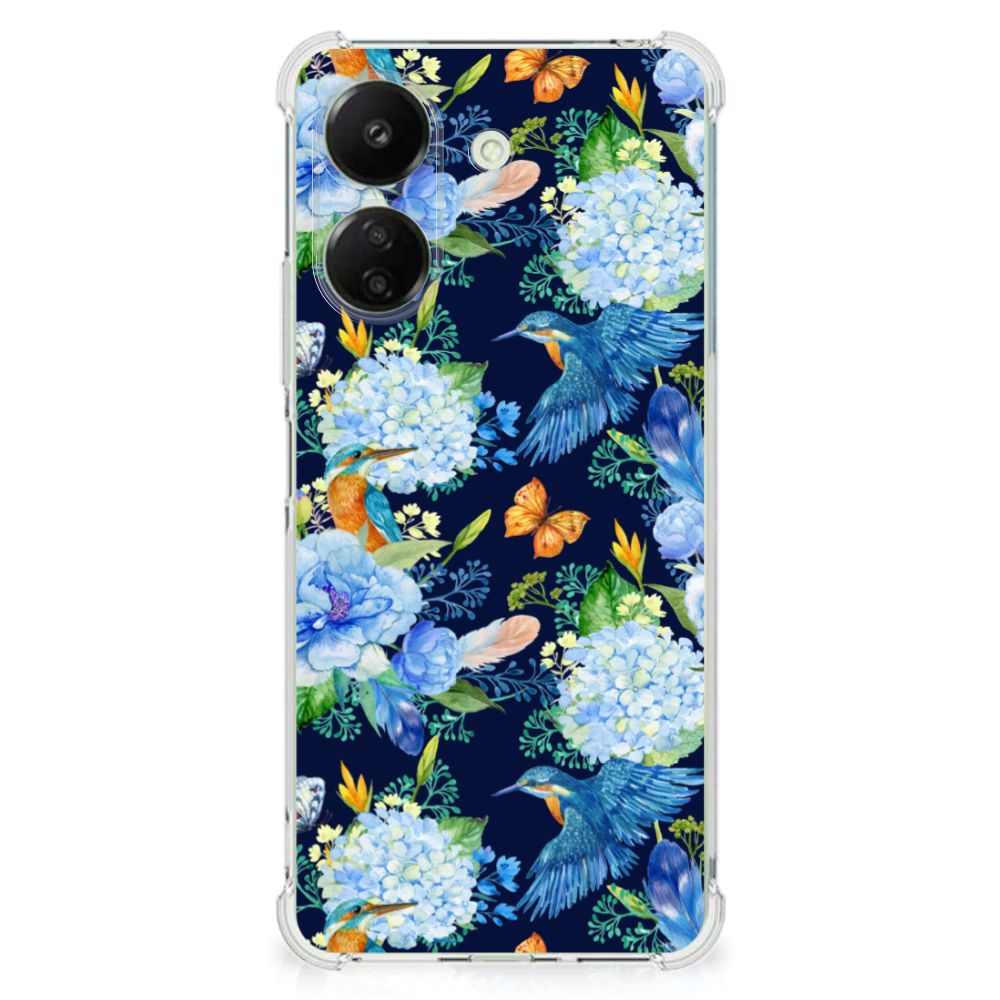 Case Anti-shock voor Xiaomi Redmi 13C 4G IJsvogel met kleurrijk bloemen- en ijsvogelontwerp voor bescherming en uitstraling.