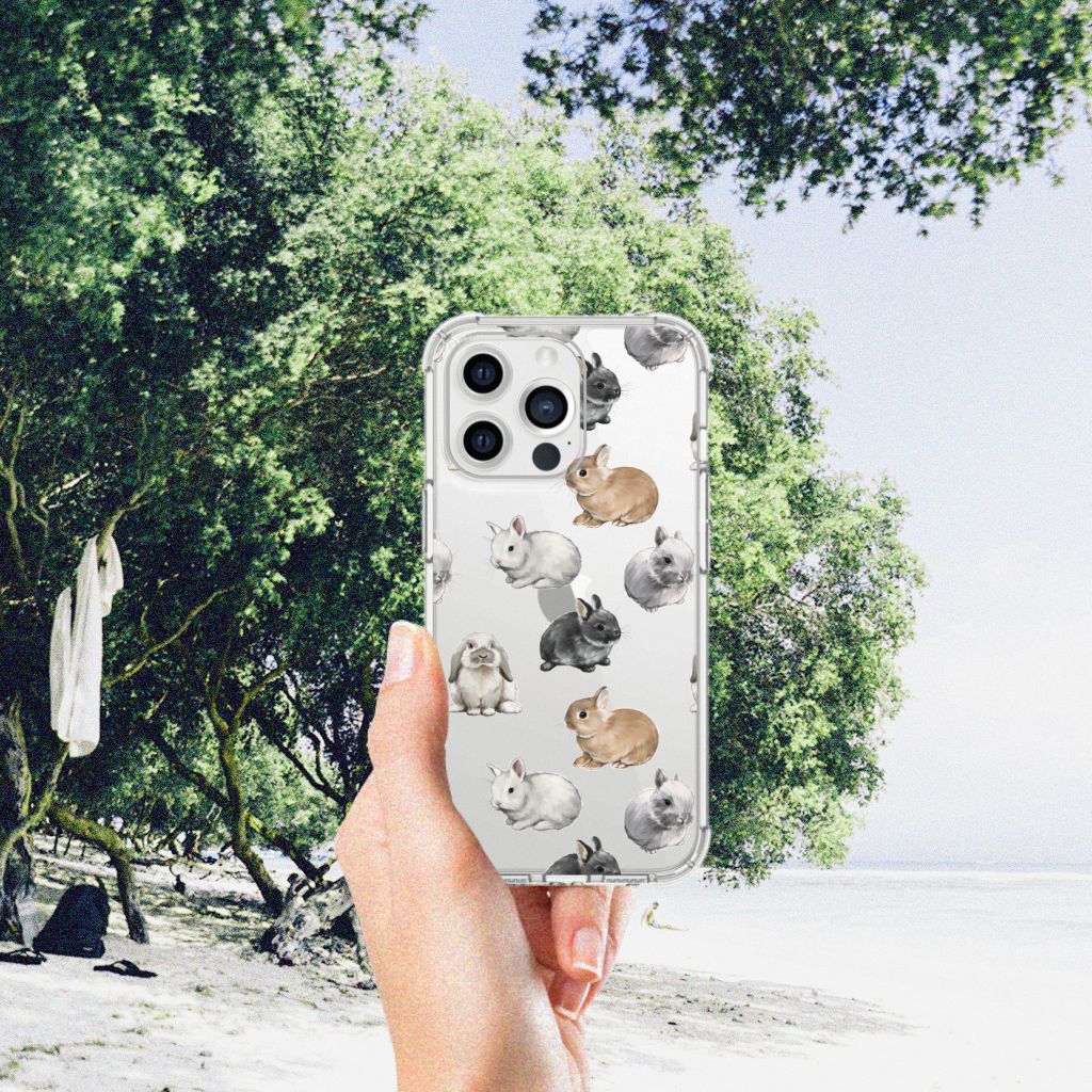 Case Anti-shock voor iPhone 13 Pro Max Konijntjes met schattige konijnenprints op een strand.