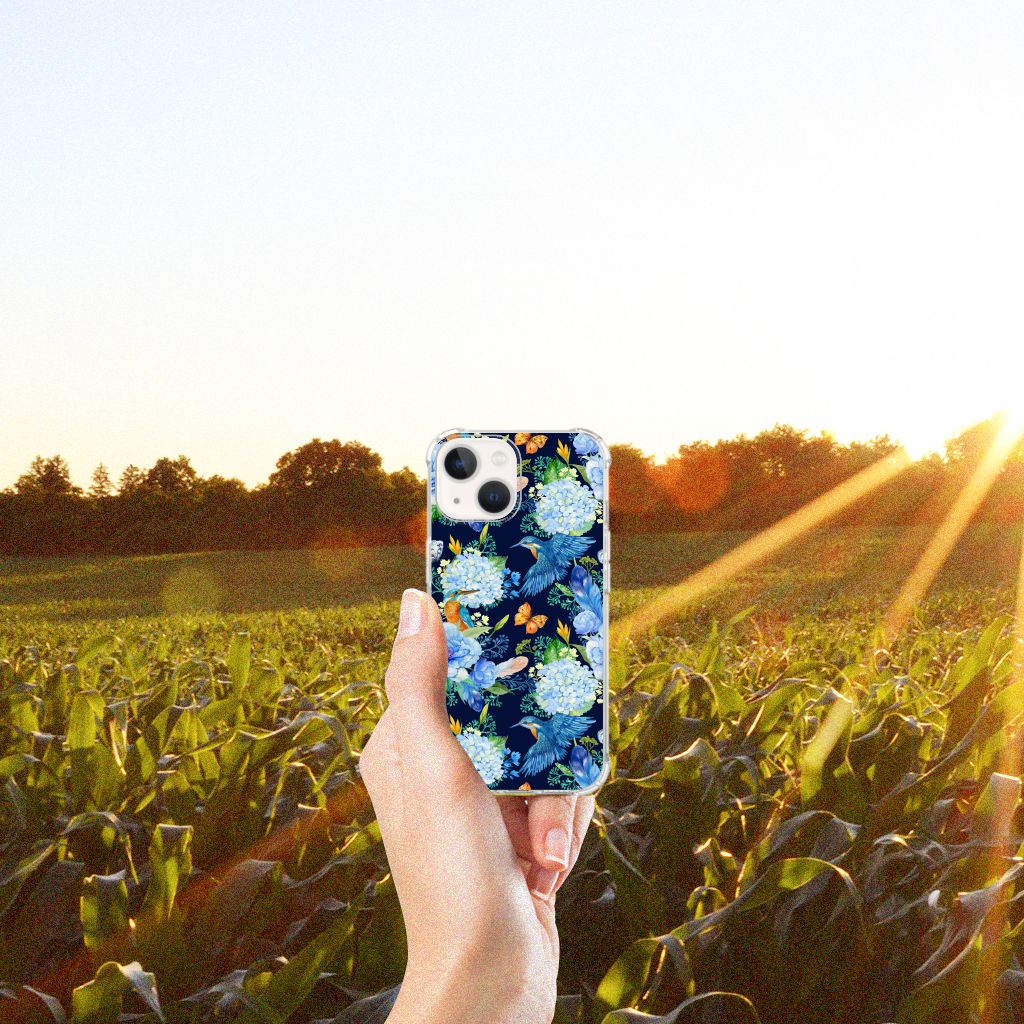 Case Anti-shock voor iPhone 13 mini IJsvogel met kleurrijk bloemenmotief in de zon.
