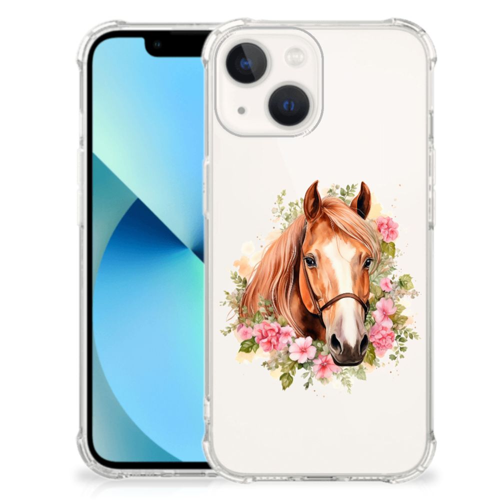 Case Anti-shock voor iPhone 13 mini Paard met een schattig paard en bloemenprint 🌸.