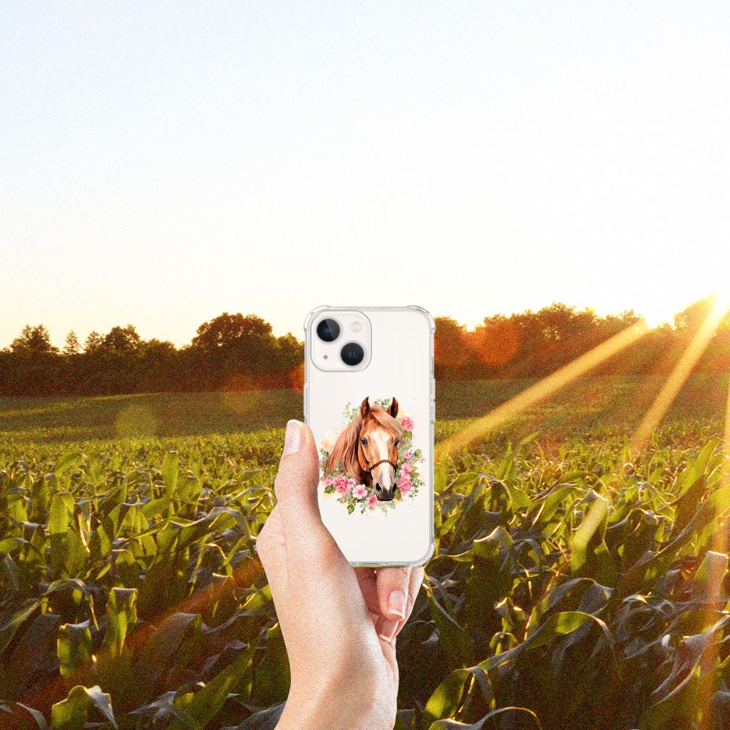 Case Anti-shock voor iPhone 13 mini Paard in een weiland met zonneschijn 🌞.