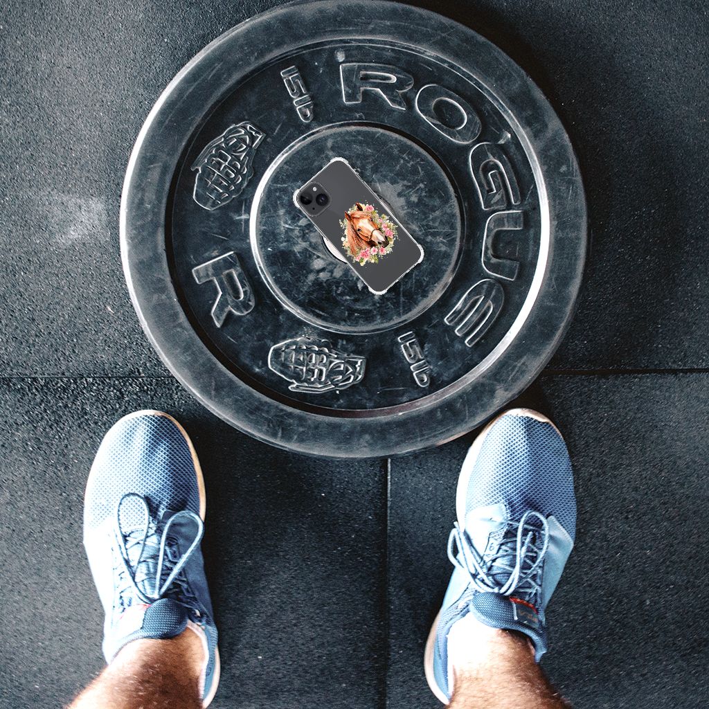 iPhone 15 Plus Case Anti-shock Paard bovenaanzicht op gewichtsschijf