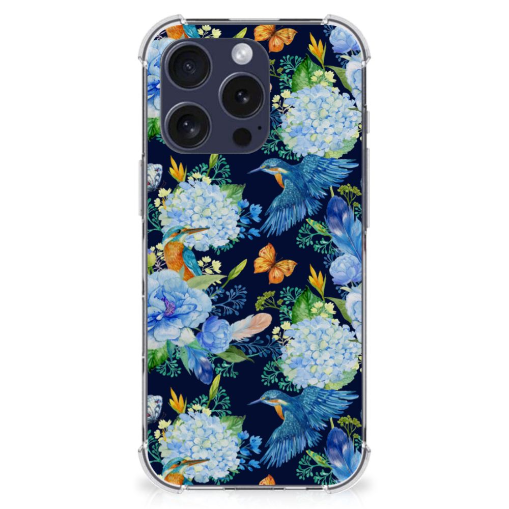 Case Anti-shock voor iPhone 16 Pro Max IJsvogel design bloemen vlinders achterzijde