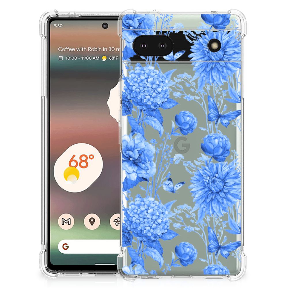 Google Pixel 6A Case voor Google Pixel 6A Flowers Blue achterkant