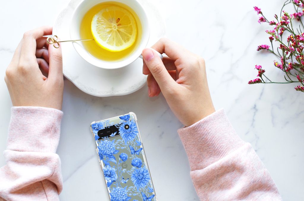 Google Pixel 6A Case voor Google Pixel 6A Flowers Blue bovenzijde