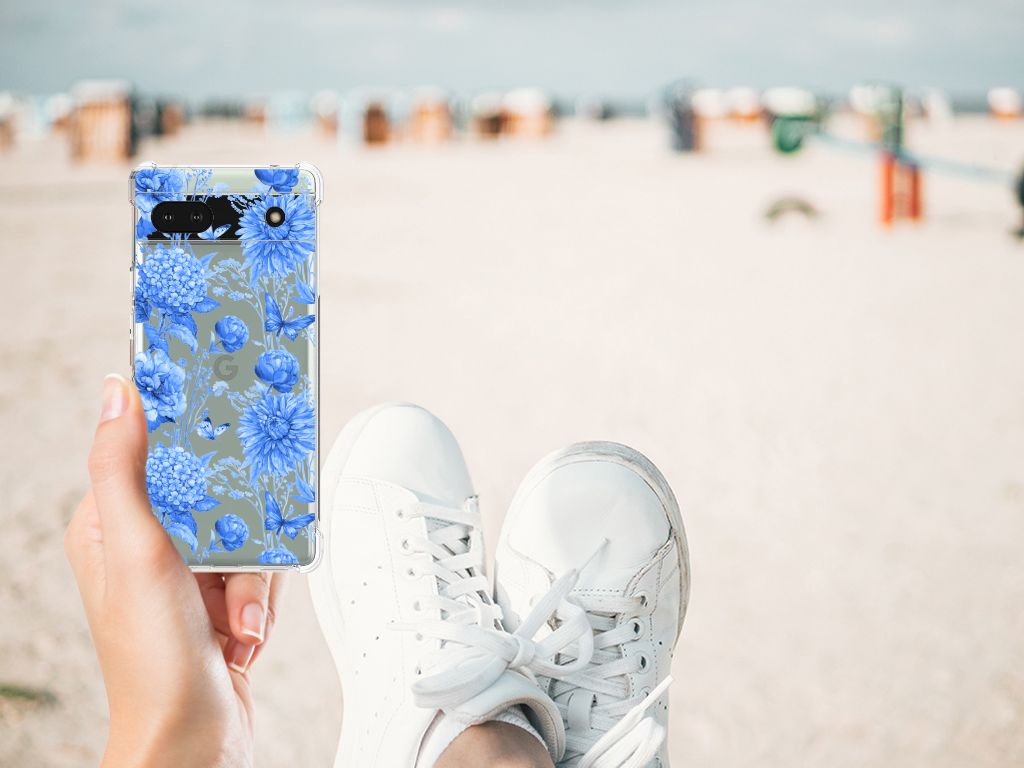 Google Pixel 6A Case voor Google Pixel 6A Flowers Blue hand strand