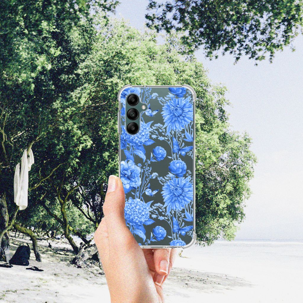 Case voor Samsung Galaxy A14 5G/4G Flowers Blue met blauw bloemen design, perfect voor bescherming en stijl.