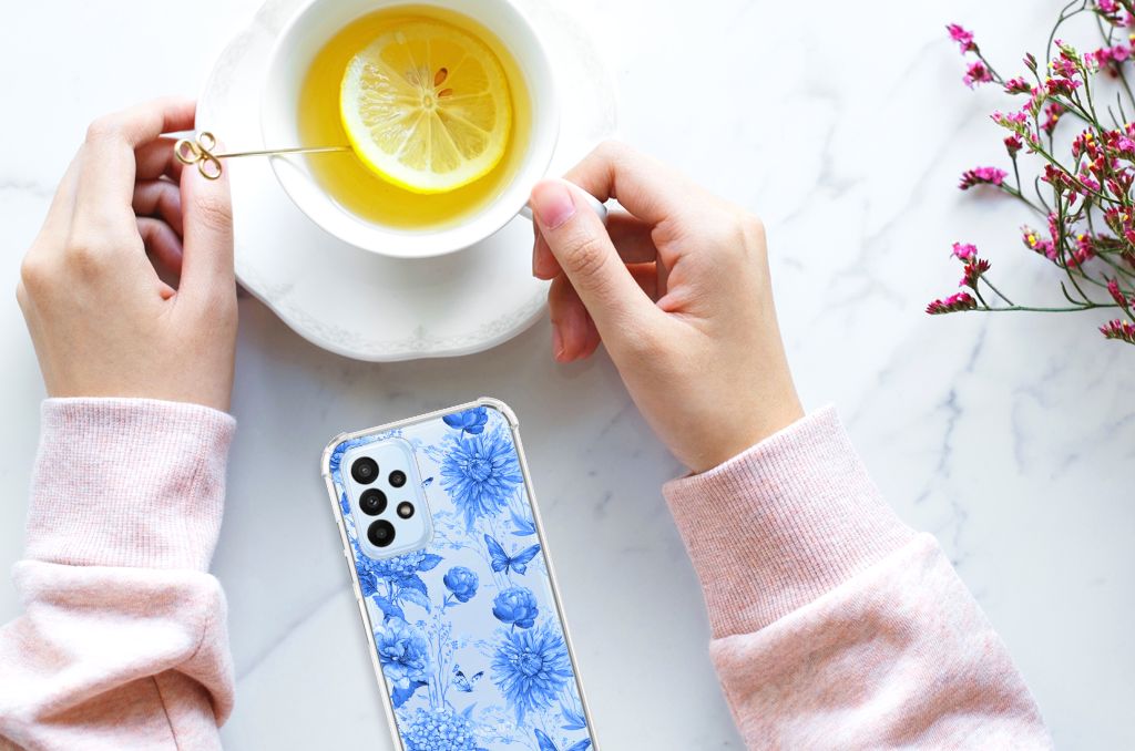Samsung Galaxy A23 Case voor Samsung Galaxy A23 Flowers Blue boven aanzicht