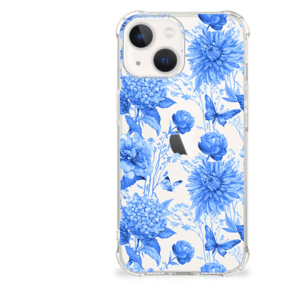 Case voor iPhone 13 mini Flowers Blue met een prachtig design van blauwe bloemen 🌼 op een doorzichtig hoesje.